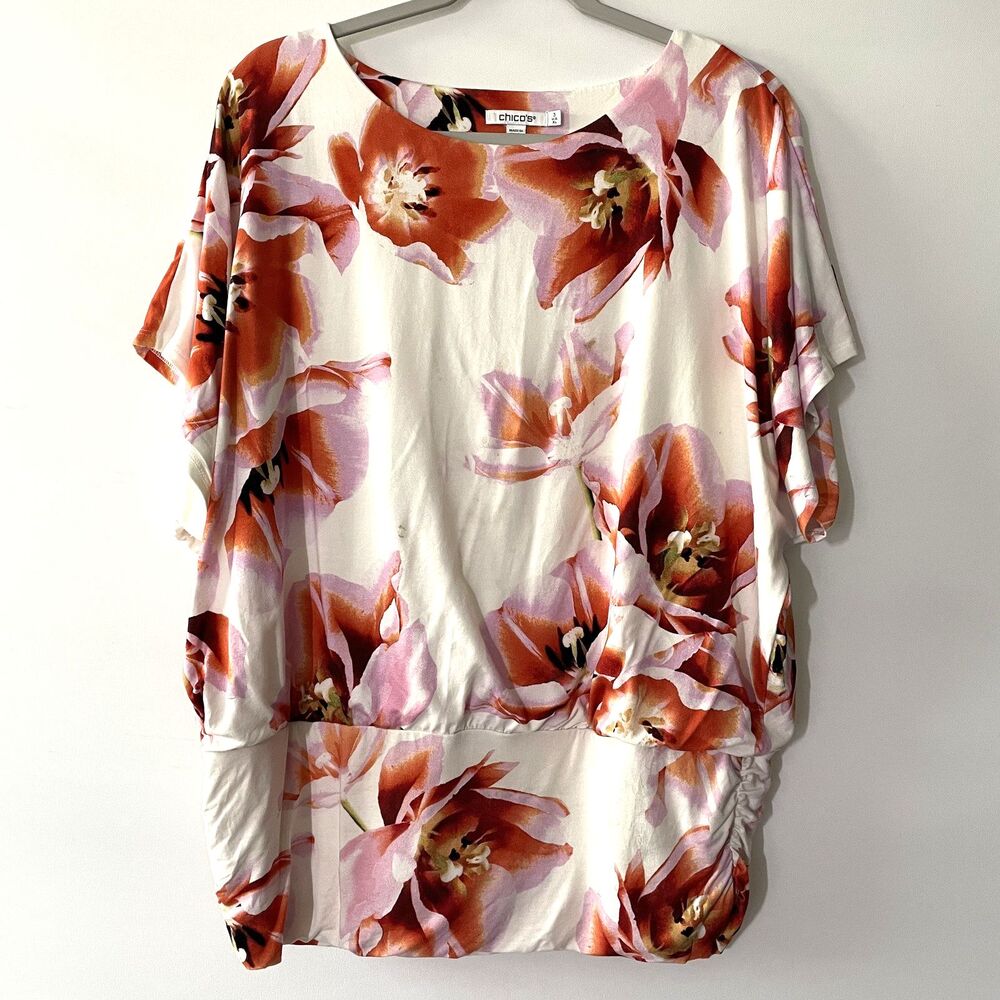 Chico's Floral Dolman Short Sleeve Blouson Top Pink Orange Sz 3, US XL-(dmp)